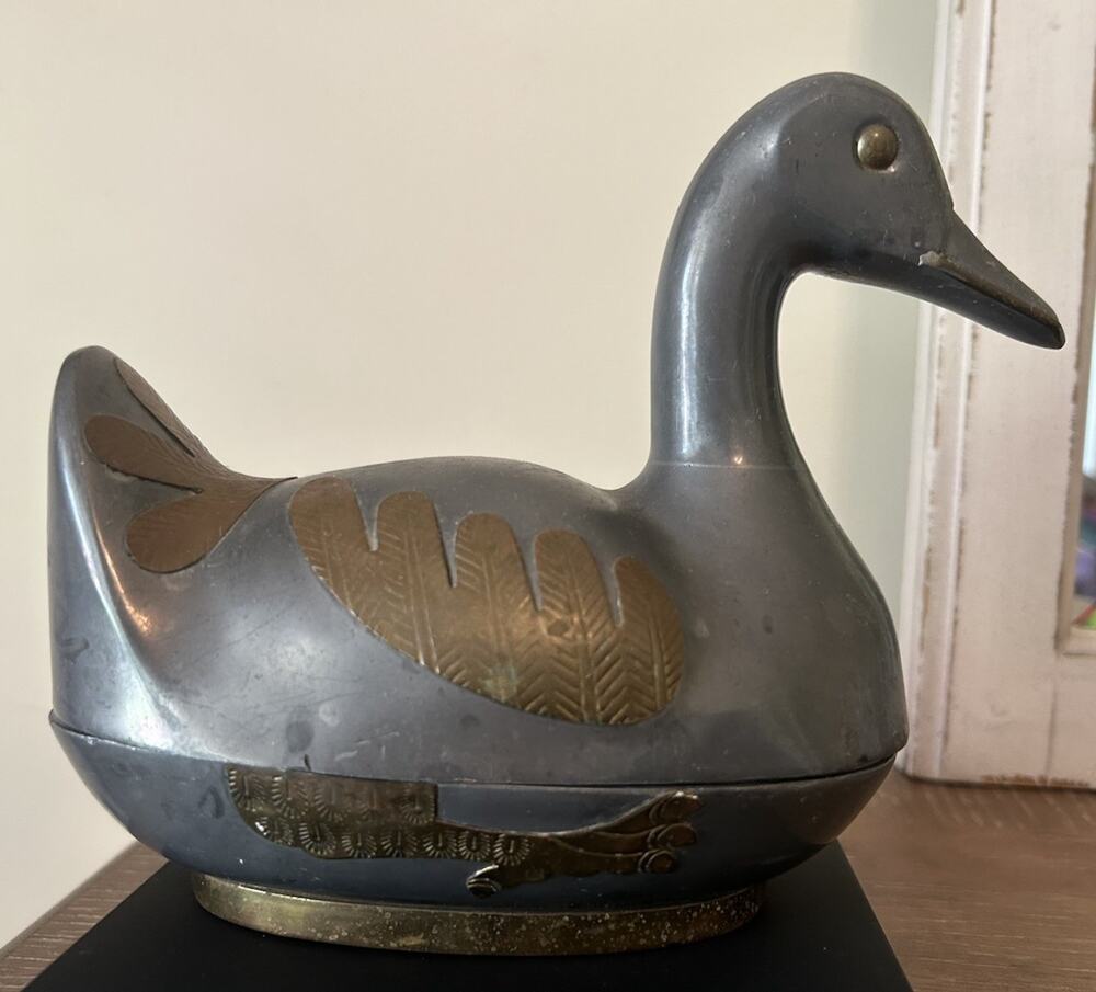 Vtg Asian 1960’s Heavy Duck Box With Lid Lead Pewter & Brass 9” Trinket Box